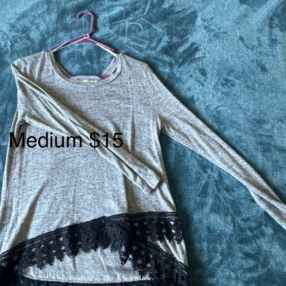Gray Long Sleeve Top with Lace Hem